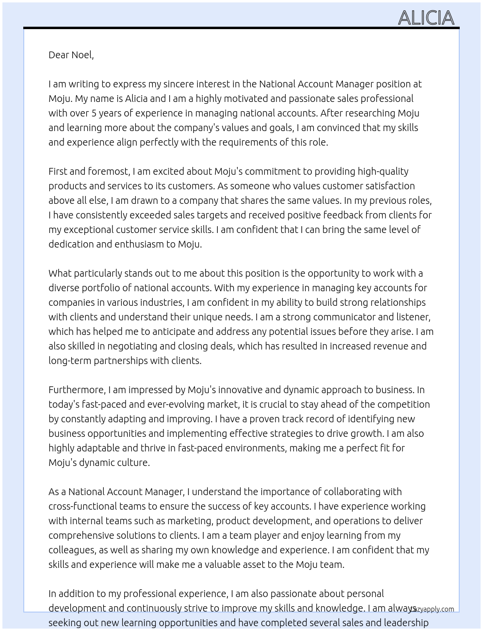 National Account Manager At Moju Cover Letter
