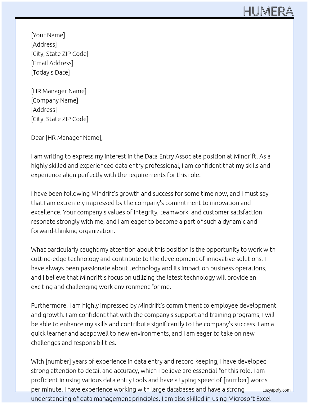 Data Entry Associate At mindrift Cover Letter