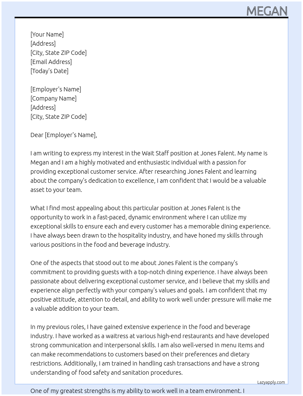 Wait staff At Jones falent Cover Letter