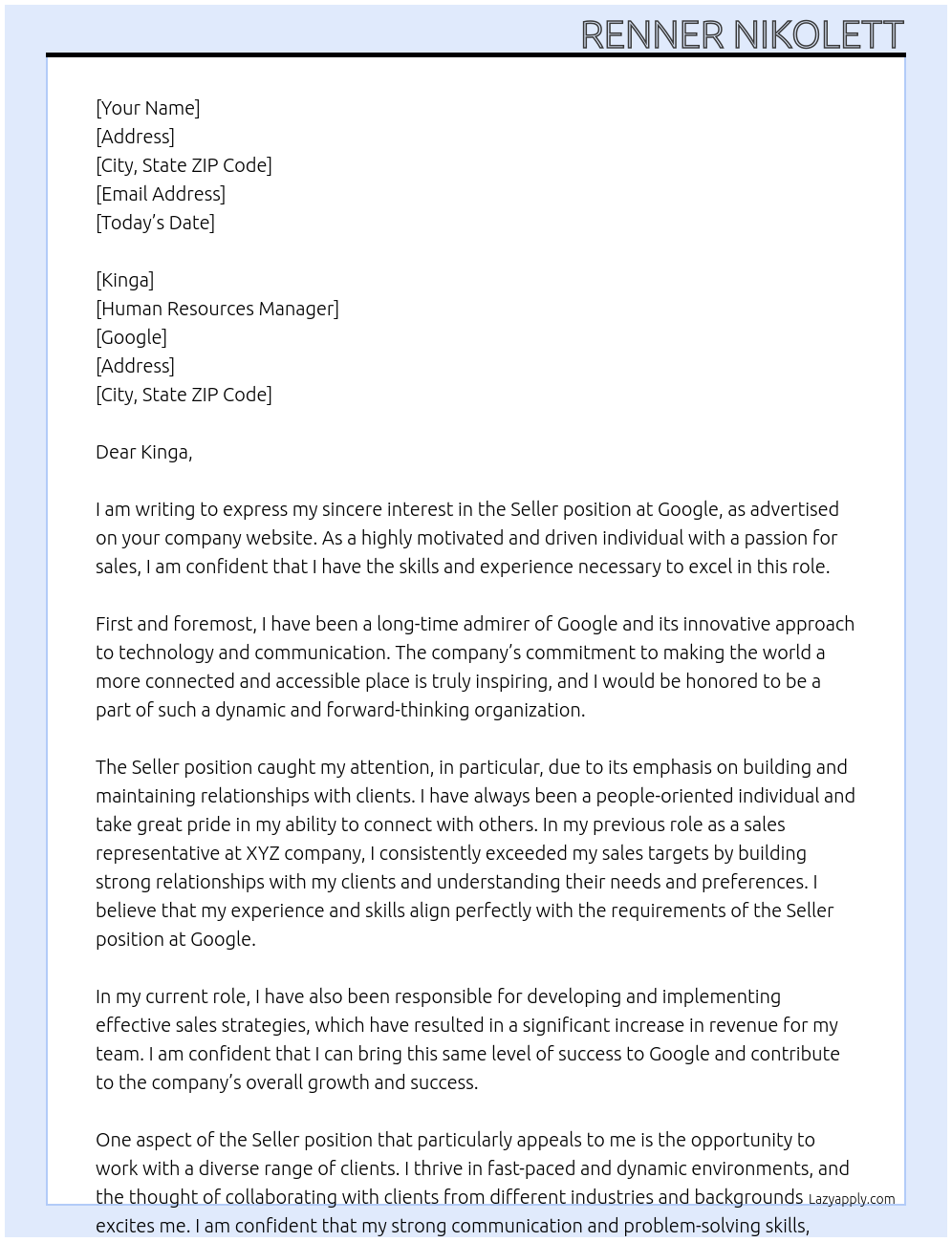 Seller At Google Cover Letter