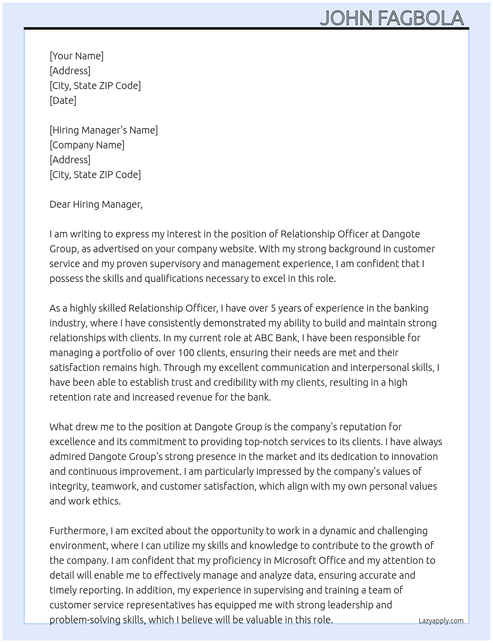 Relationship officer  At Dangote Group  Cover Letter