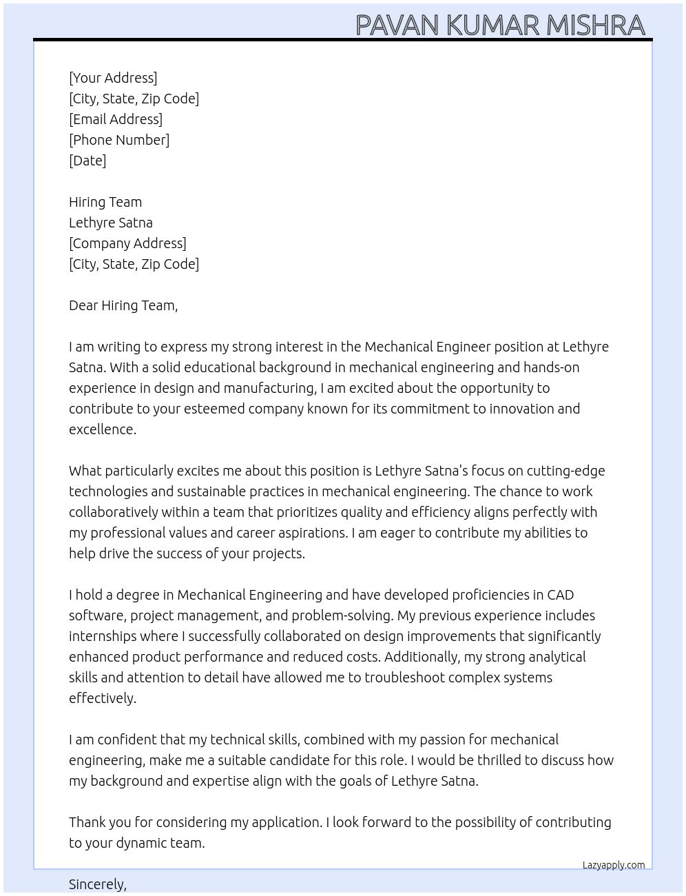 Mechanical Engineer At Lethyre satna Cover Letter