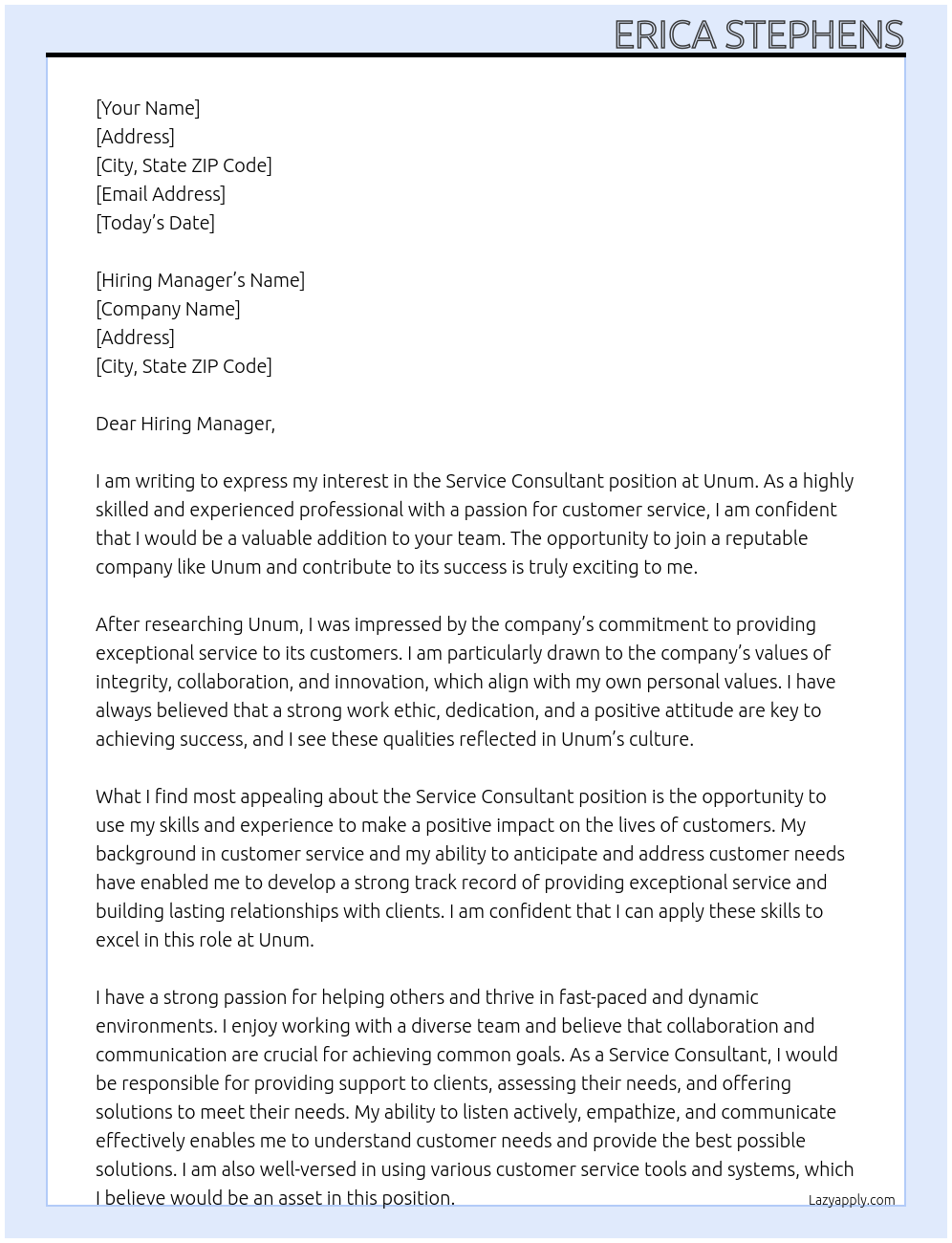 Service Consultant At Unum Cover Letter