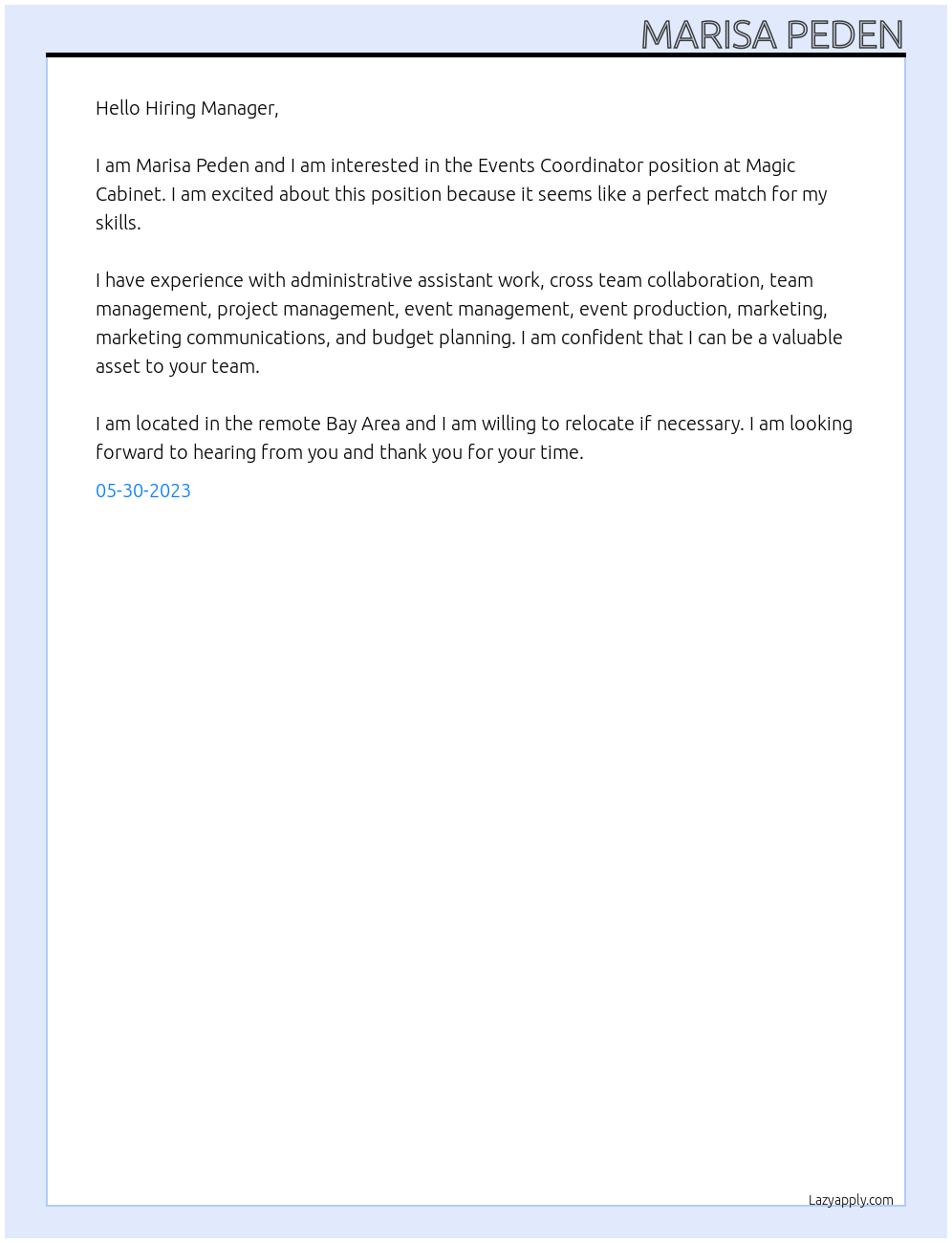Events Coordinator At Magic Cabinet Cover Letter