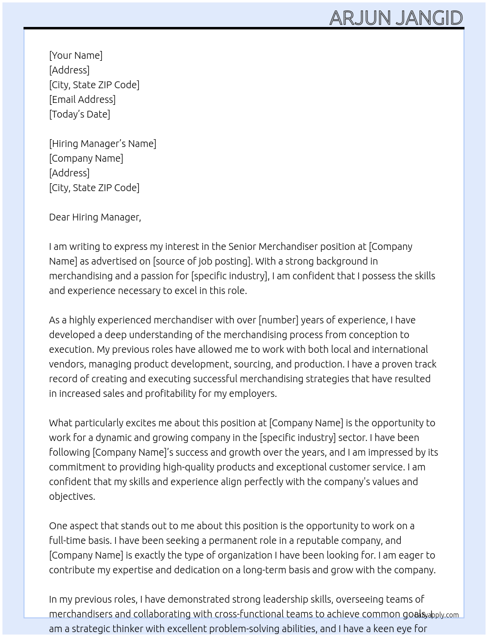 Senior Merchandiser At 123 Cover Letter