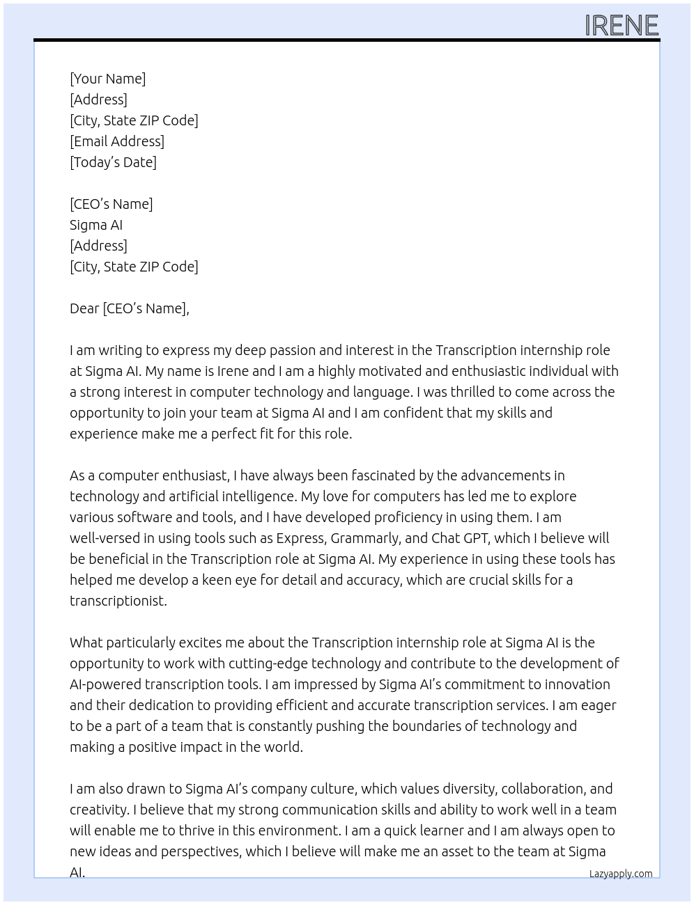 Transcription At Sigma AI Cover Letter