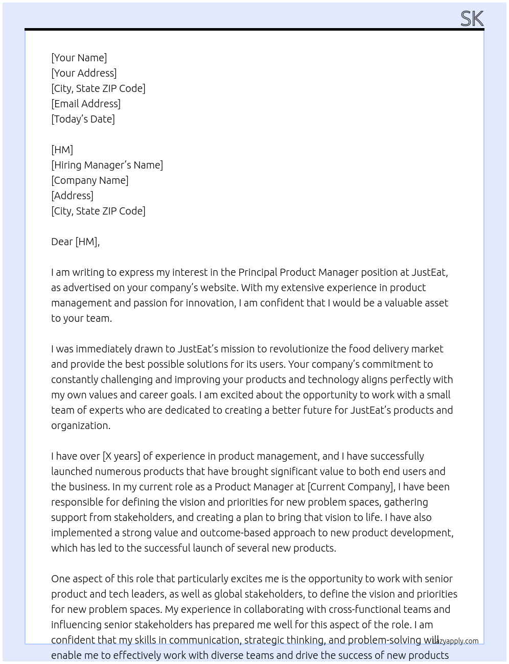 Principal Product Manager At JustEat Cover Letter