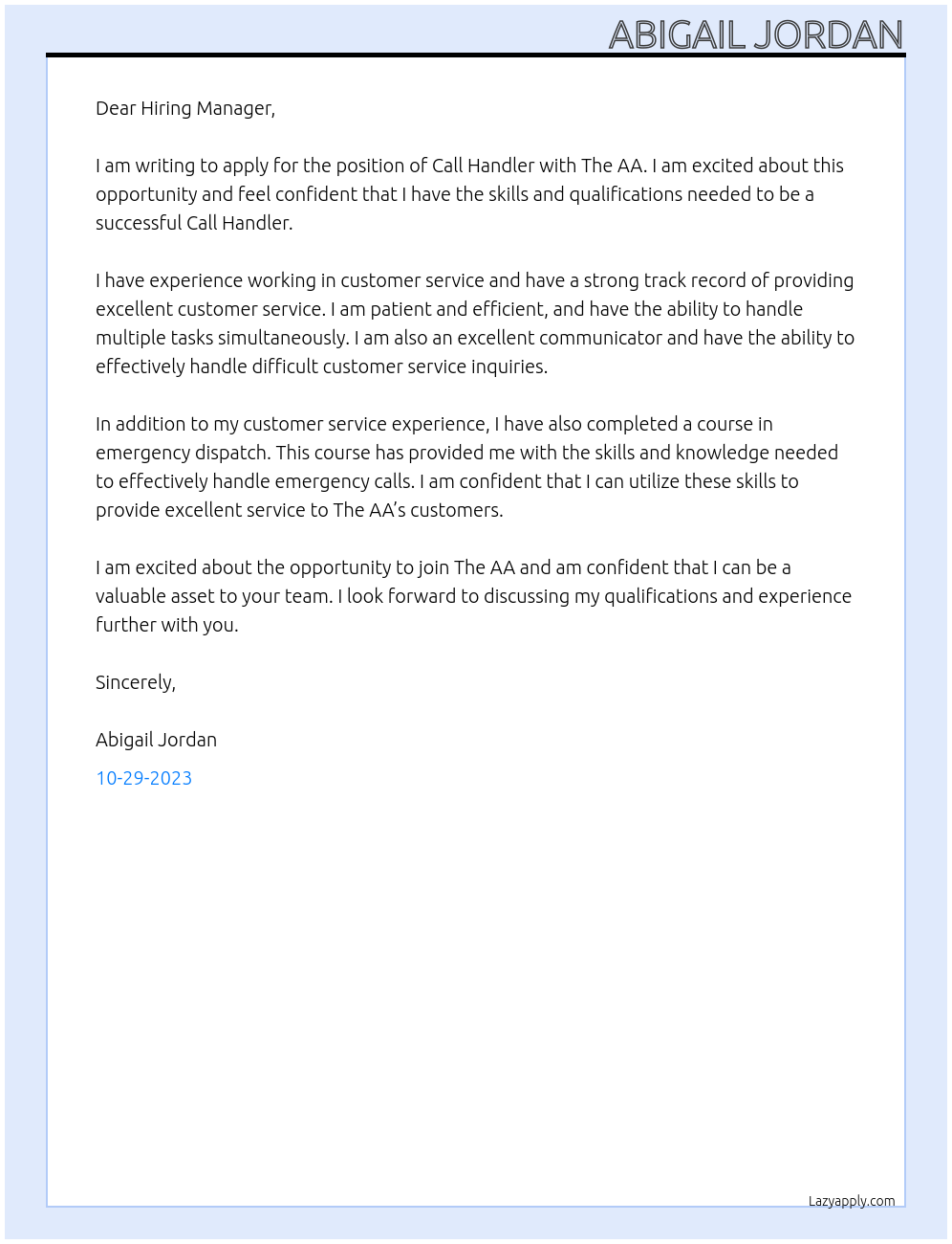 Cover letter for call handler - ORgxCUOTvH3bR3agtLXu