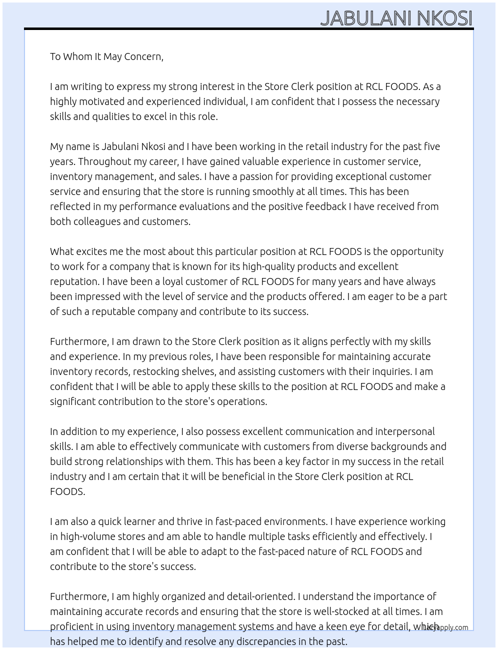 Store Clerk At RCL FOODS Cover Letter