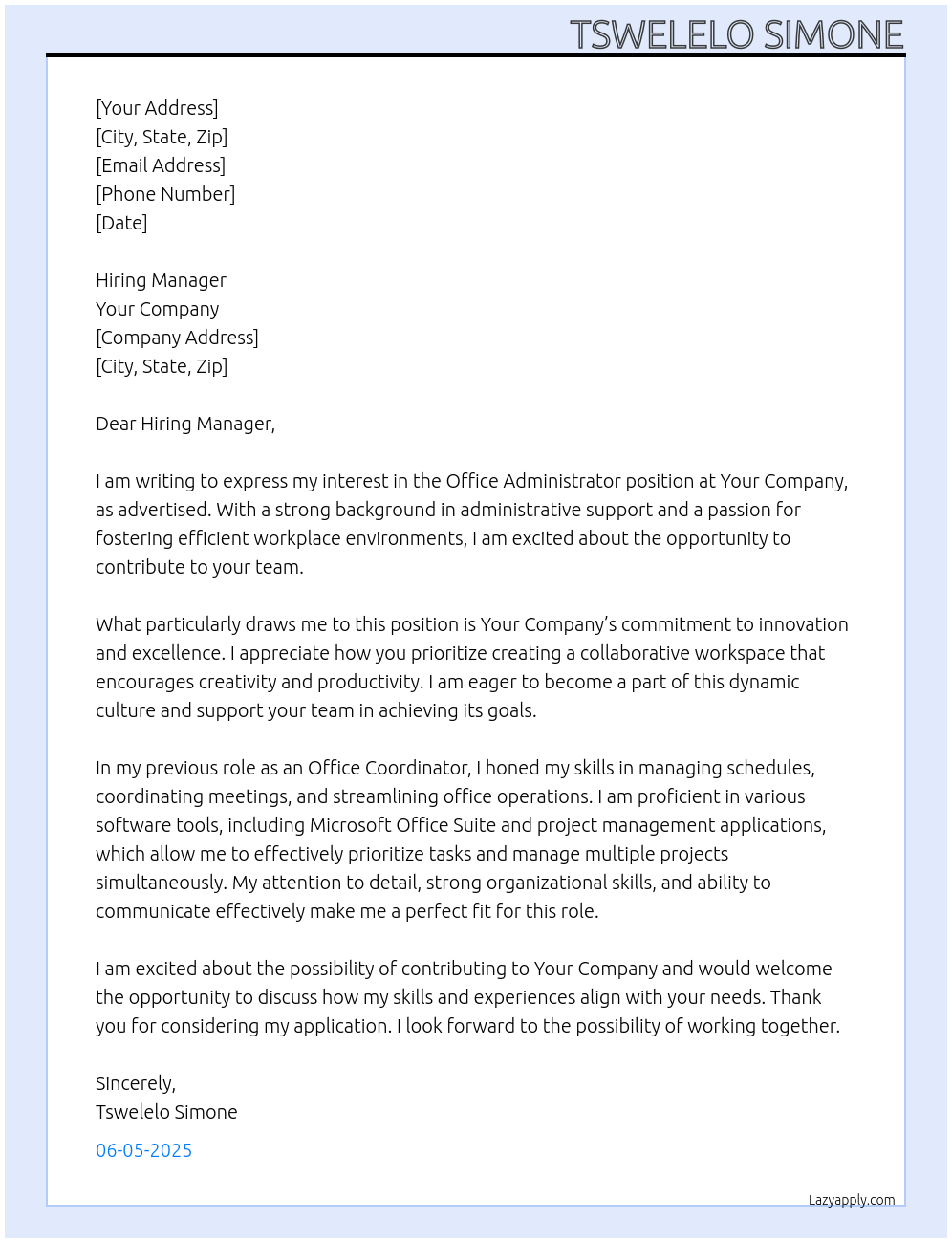 Office administrator At your company Cover Letter
