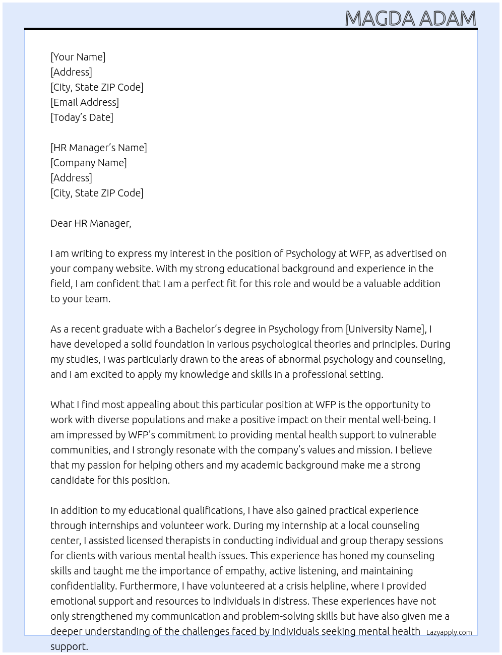 Psychology At WFP Cover Letter