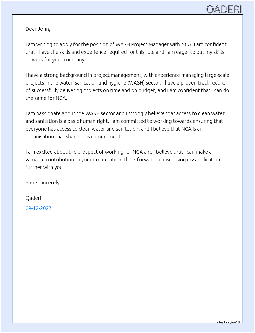 WASH Project Manager At NCA Cover Letter