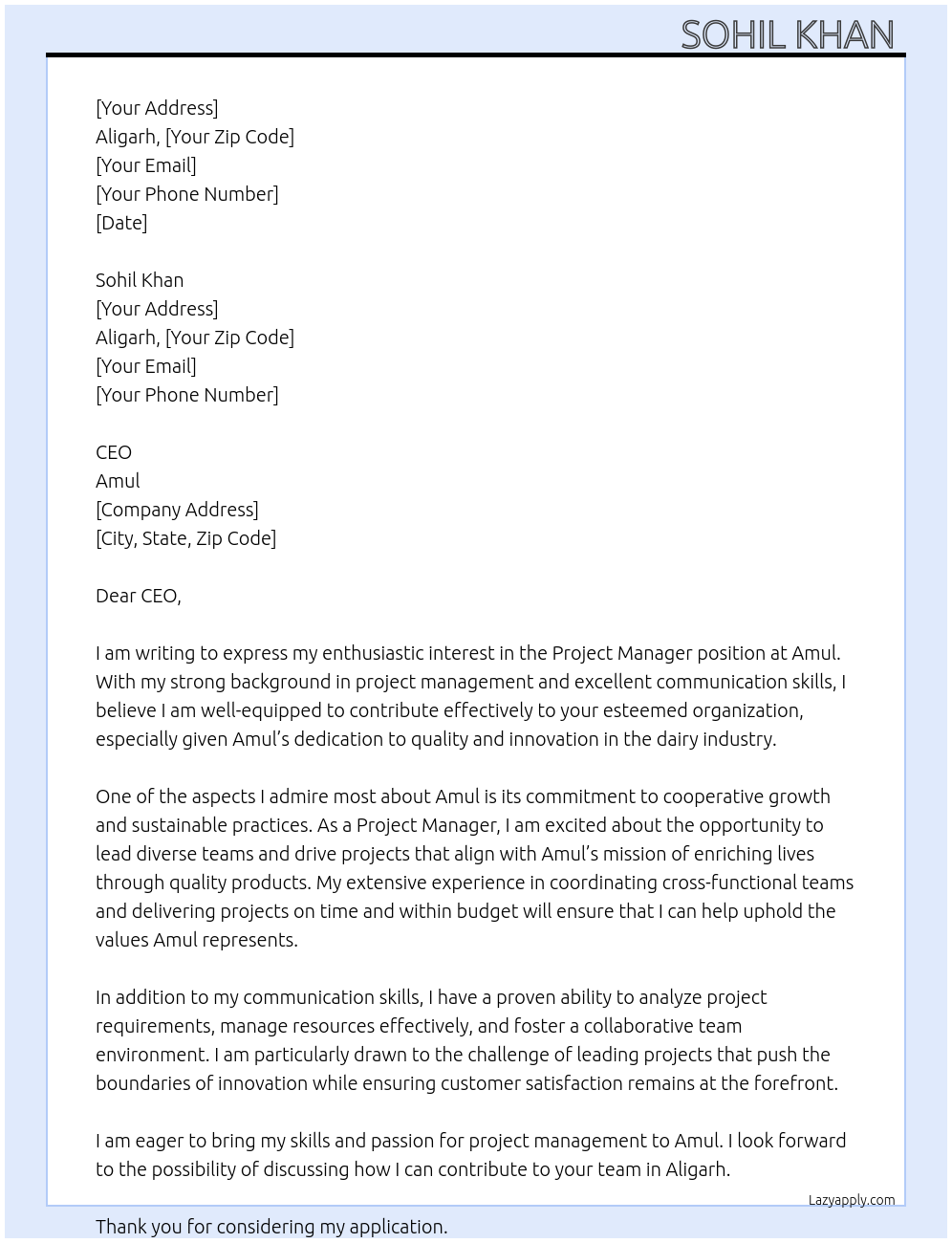 Project manager At Amul Cover Letter