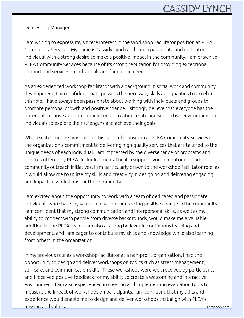 Workshop Facilitator At PLEA Community Servises Cover Letter