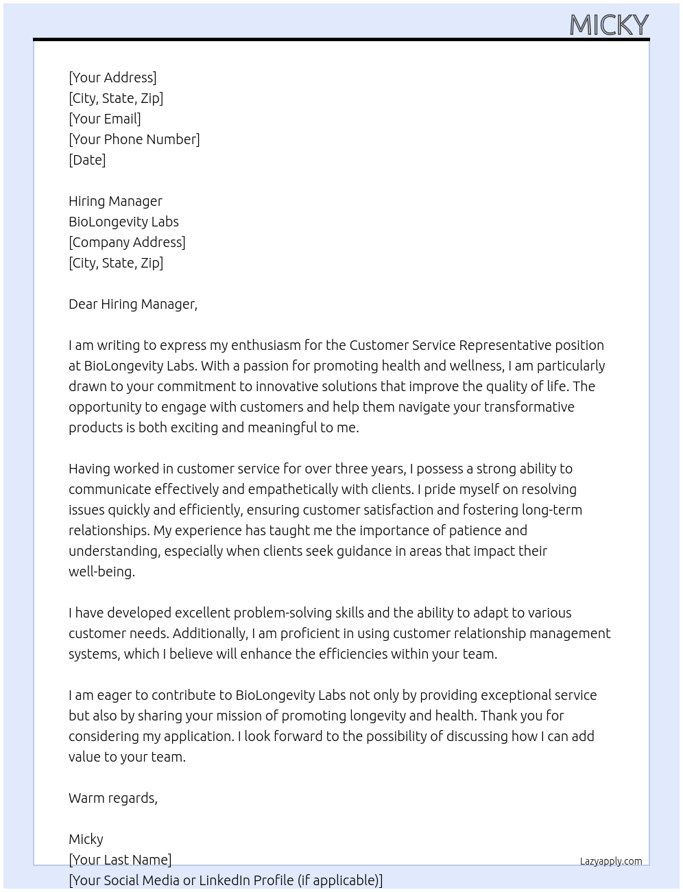 Customer Service Representative At BioLongevity Labs Cover Letter