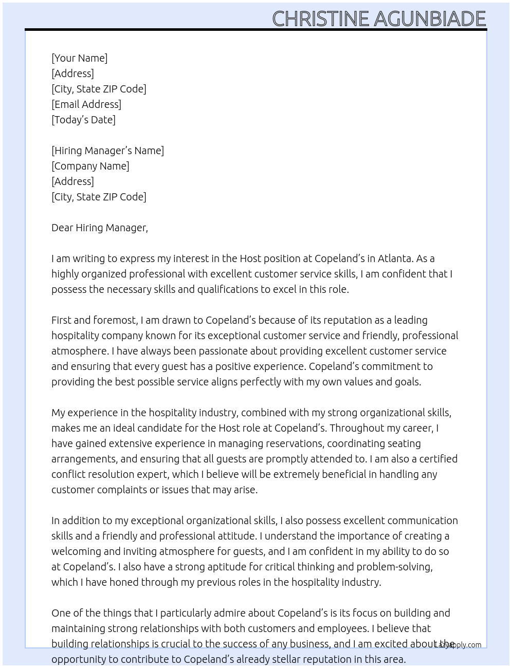 Host At Copeland’s Cover Letter