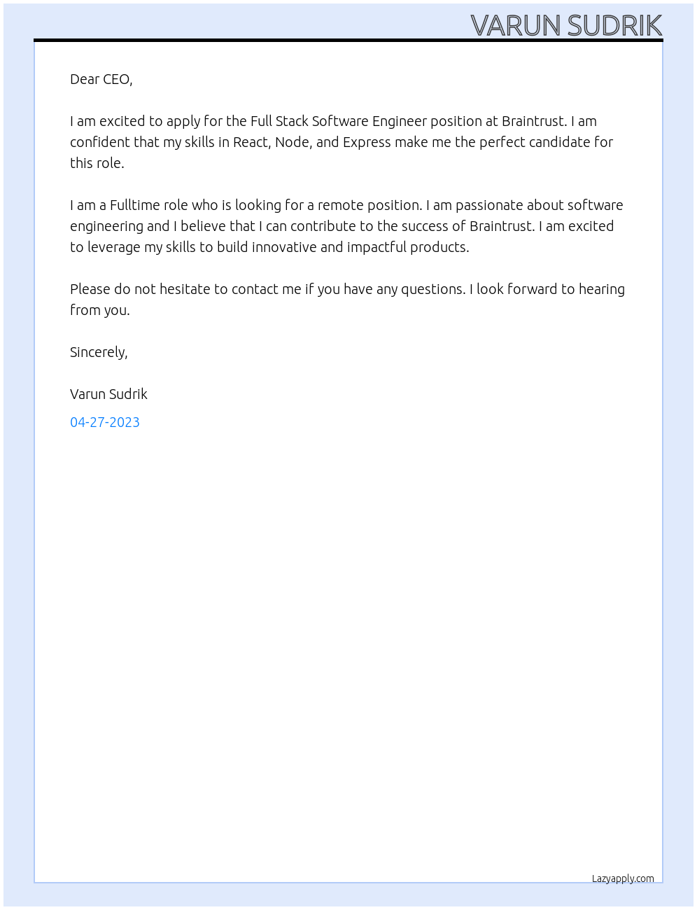 Full Stack Software Engineer At Braintrust Cover Letter