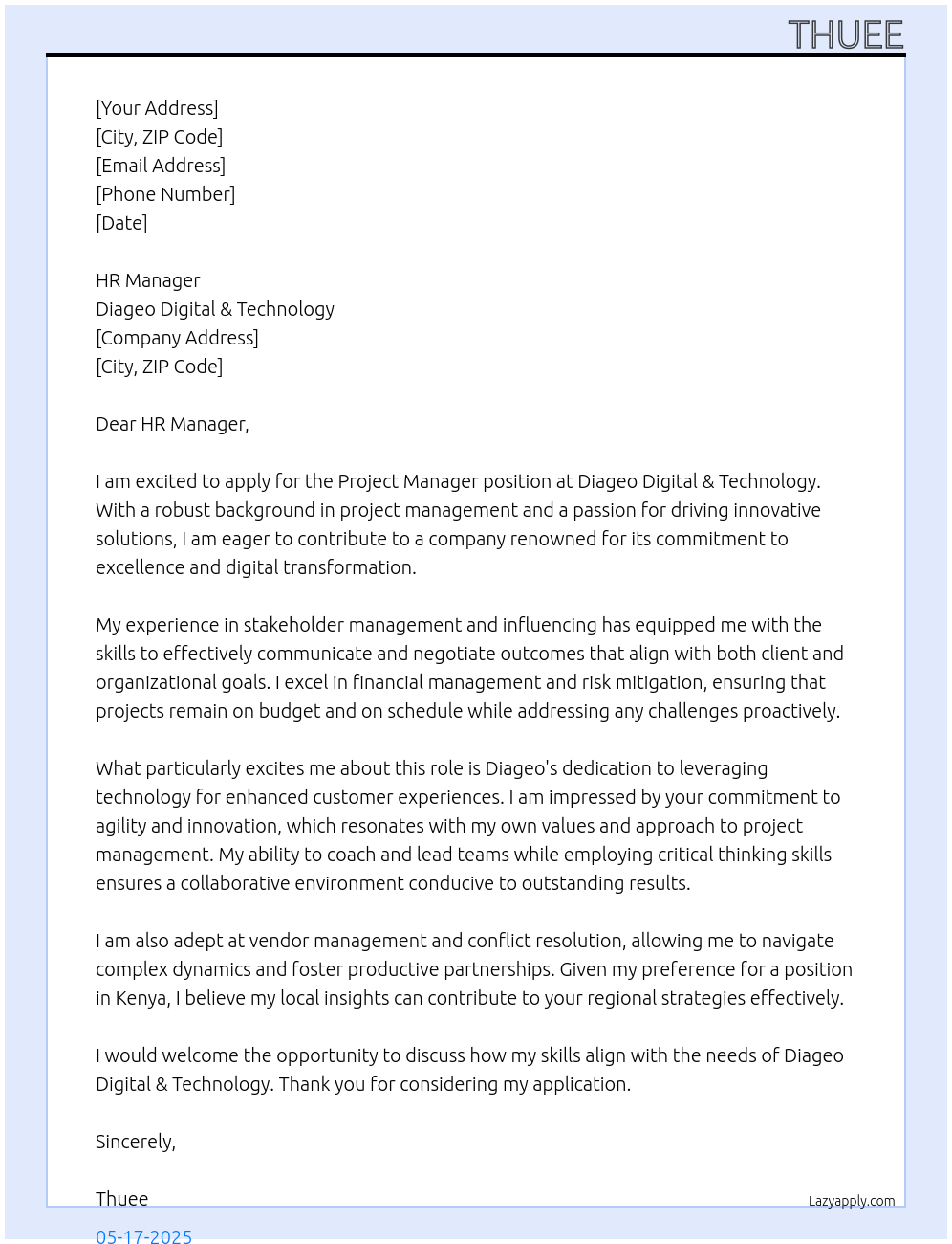Project Manager At Diageo Digital & Technology Cover Letter