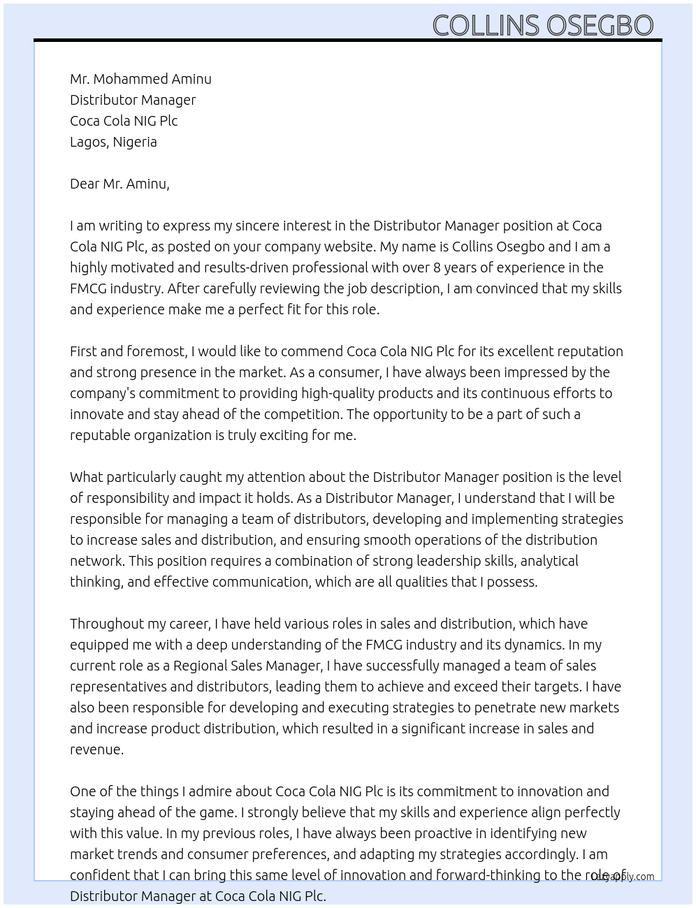 Distributor Manager At Coca Cola NIG Plc Cover Letter