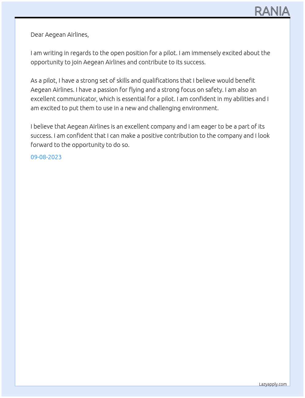 Pilot At Aegean Airlines Cover Letter