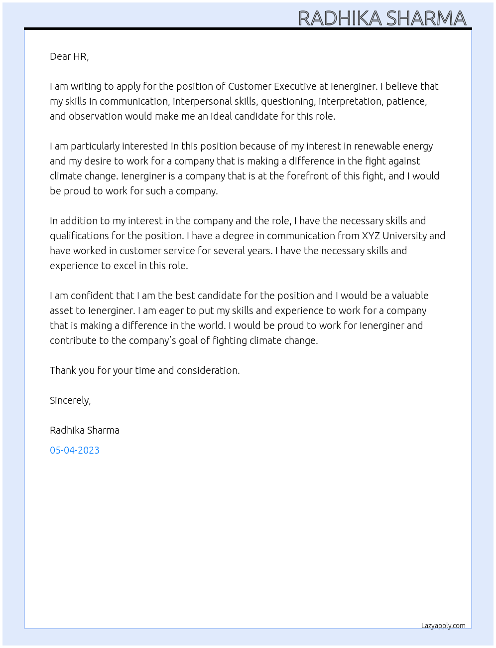 Customer Executive  At Ienerginer Cover Letter