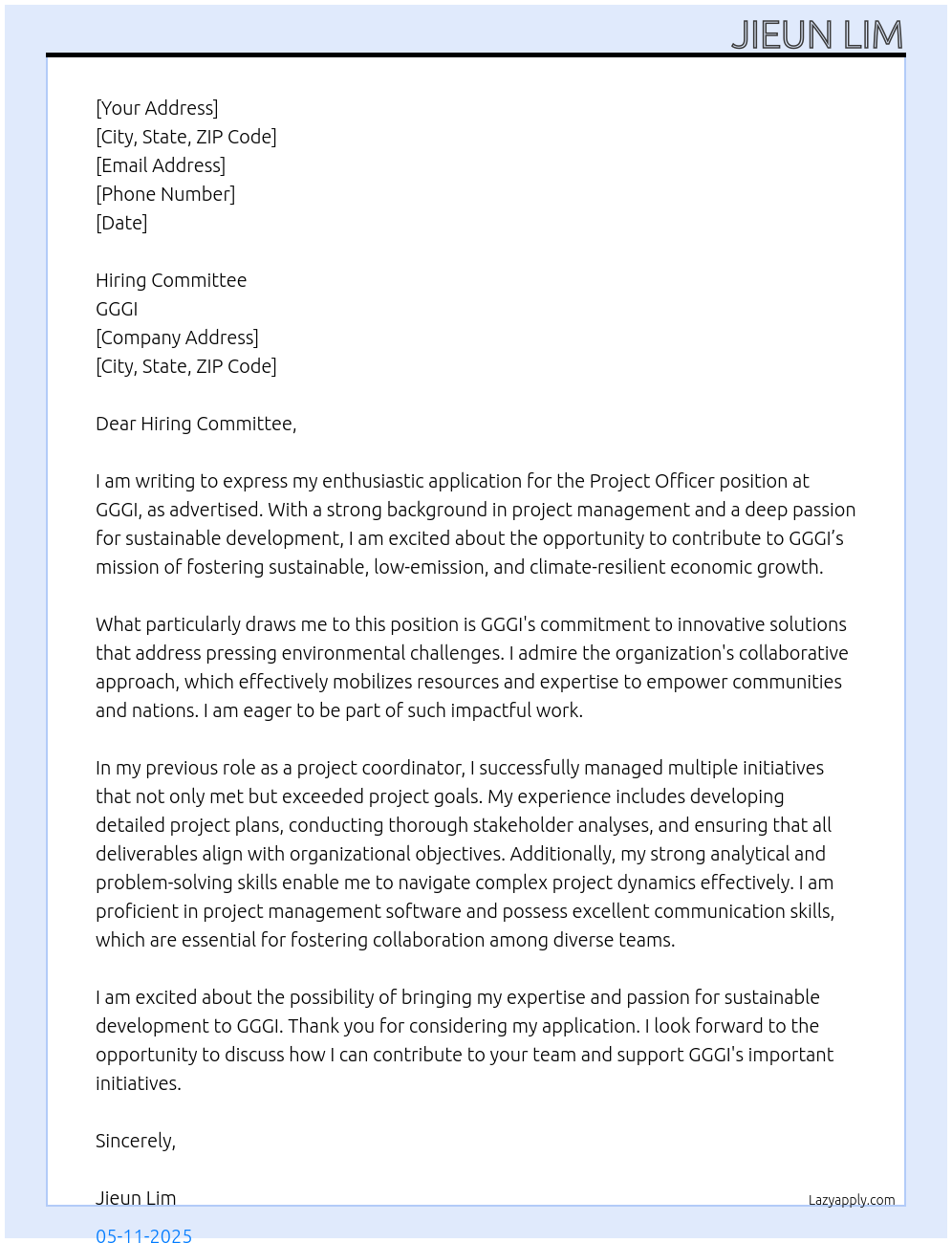 project officer At GGGI Cover Letter