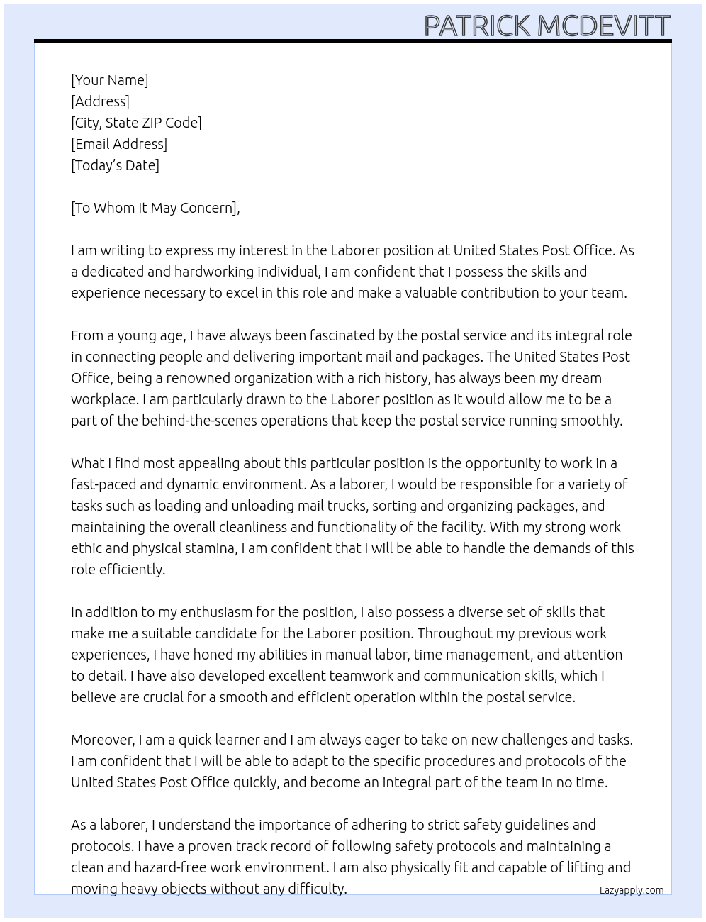 Laborer At United States Post Office Cover Letter