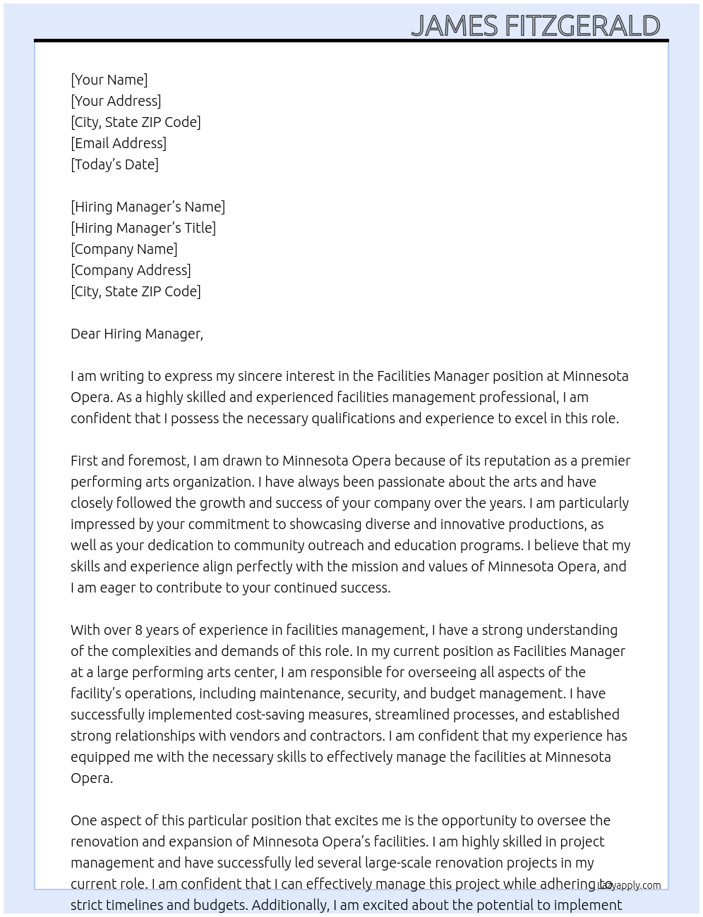 Facilities Manager  At Minnesota Opera  Cover Letter
