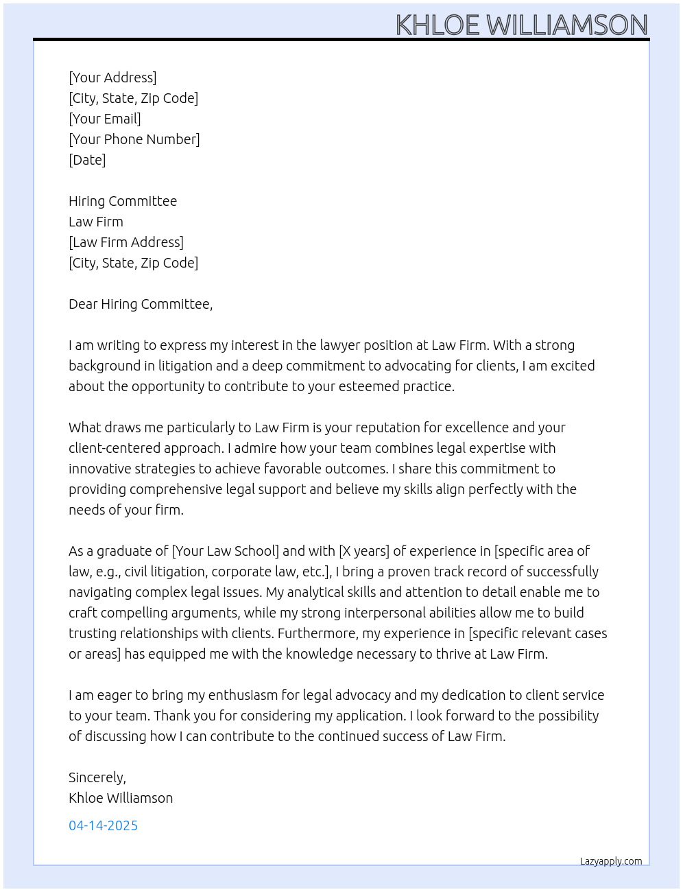 Cover letter for lawyer - LazyApply