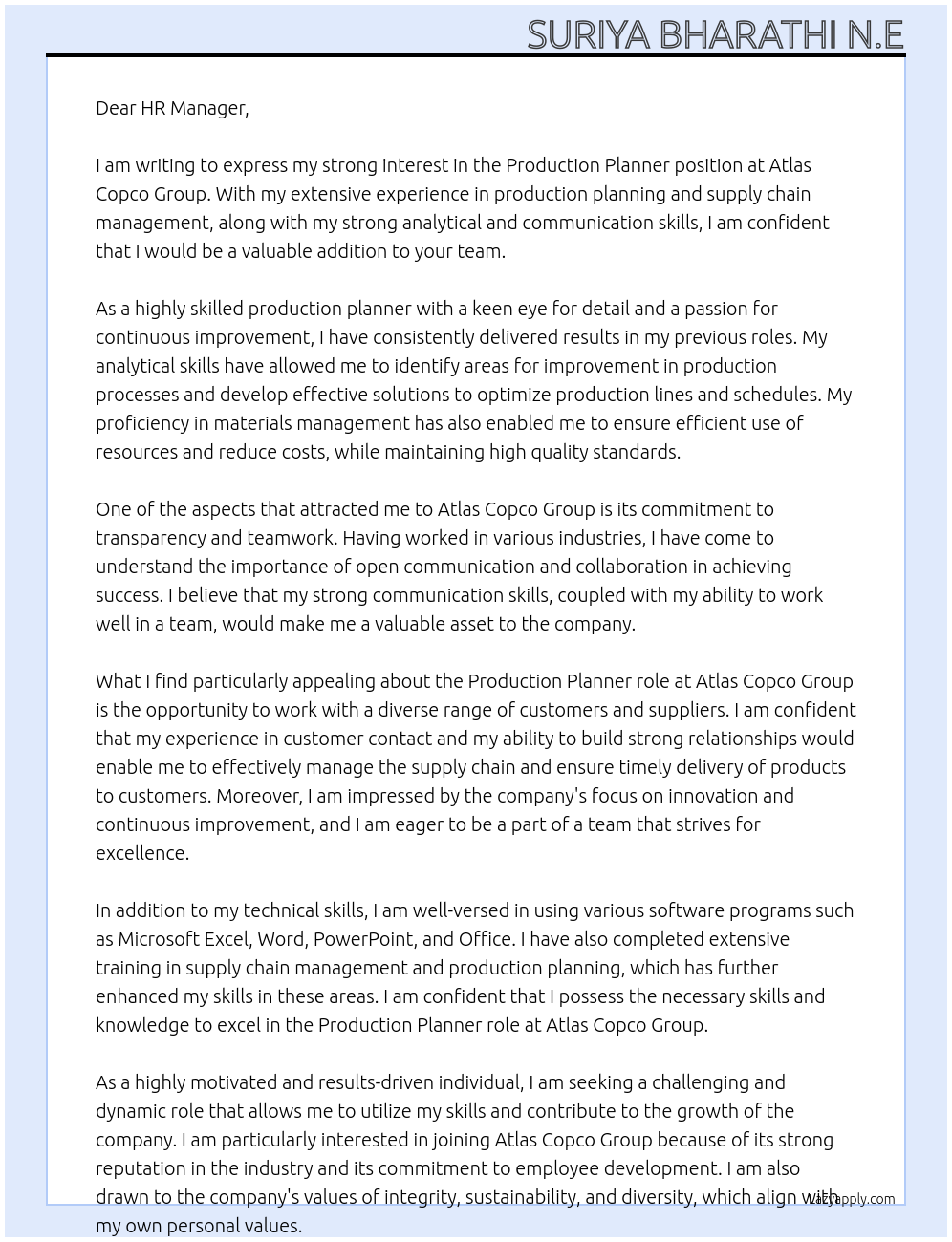 Production planner At Atlas Copco Grop Cover Letter