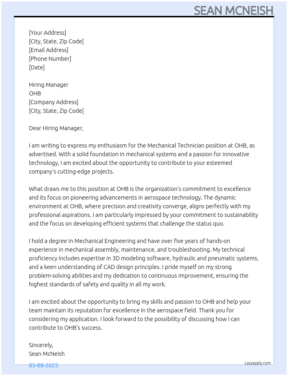 Mechanical technician At OHB Cover Letter