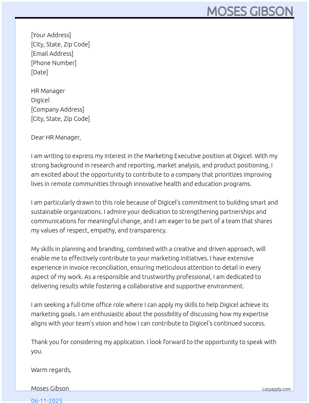 Marketing Executive At Digicel Cover Letter