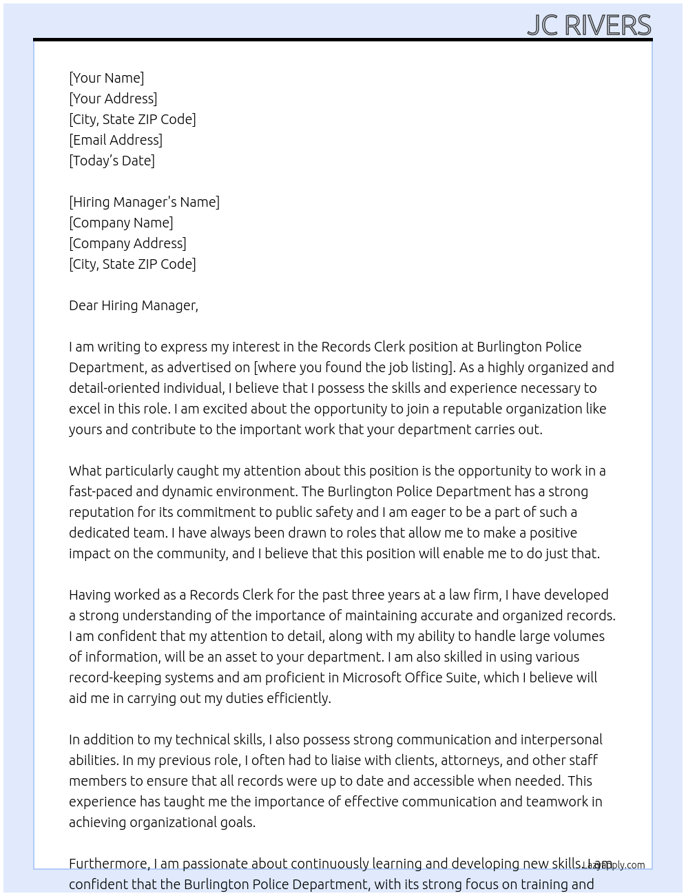 Records Clerk At Burlington Police Deparment Cover Letter