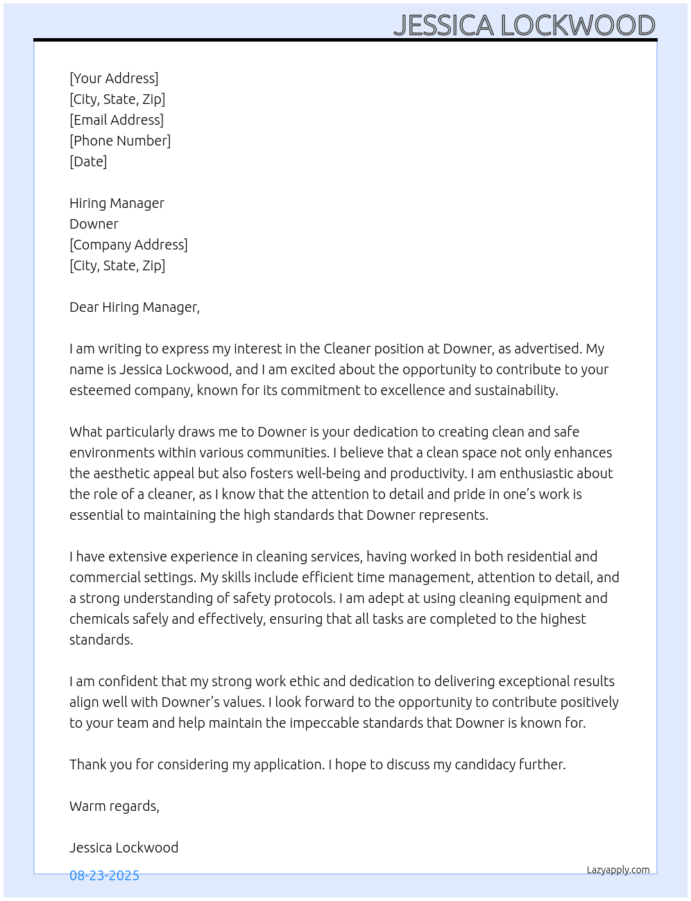 Cleaner At Downer Cover Letter