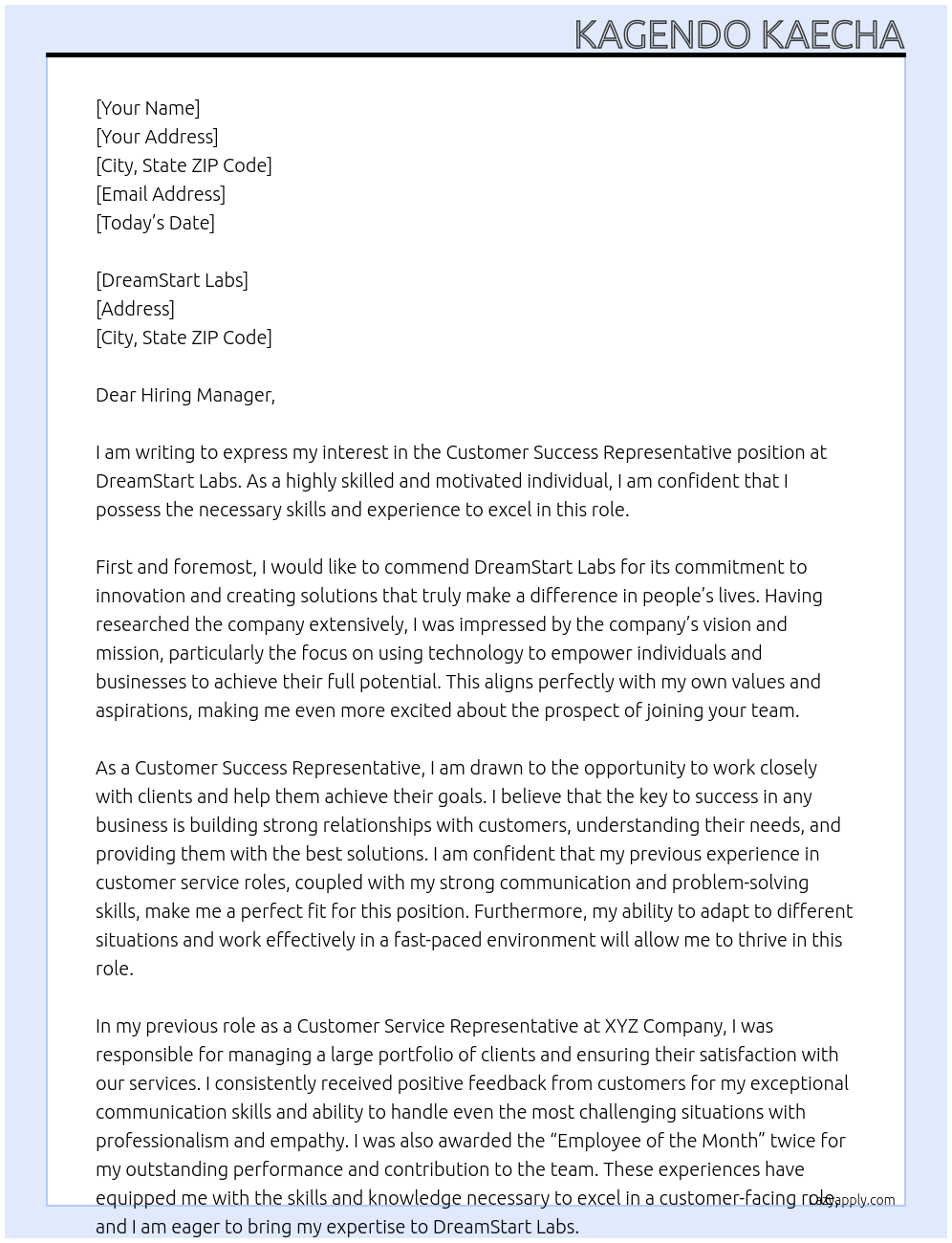 Customer Success Representative At DreamStart Labs Cover Letter