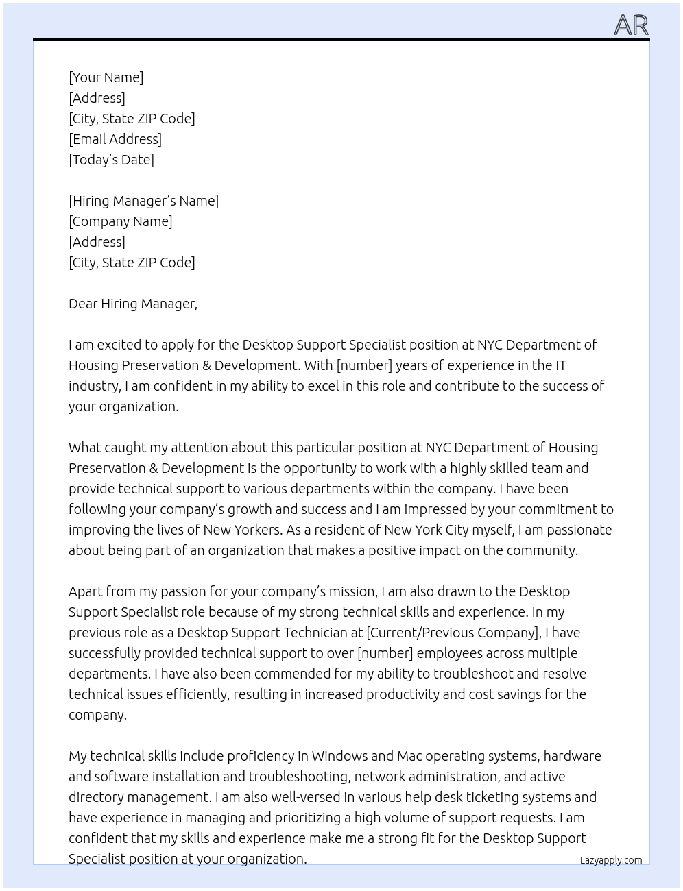 DESKTOP SUPPORT SPECIALIST At  NYC Department of Housing Preservation & Development logo NYC Department of Housing Preservation & Development Cover Letter