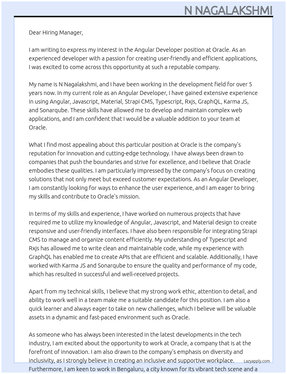 Angular Developer At Oracle Cover Letter
