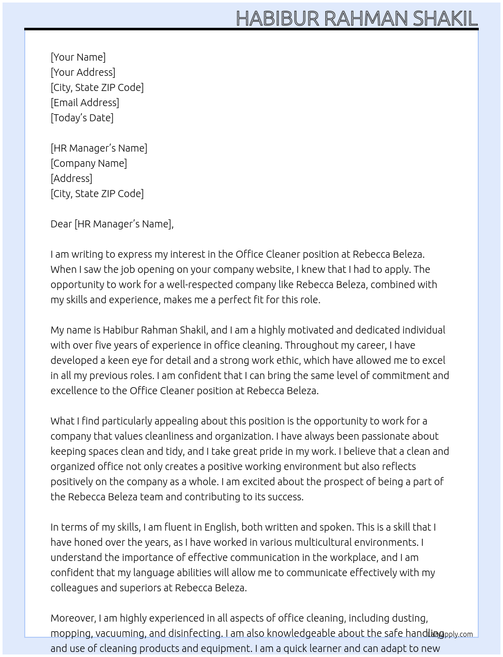 Office cleaner At Rebecca Beleza Cover Letter