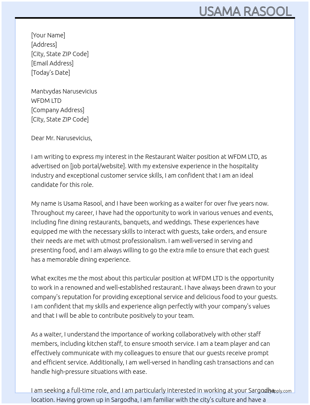 Restaurant Waiter At WFDM LTD  Cover Letter