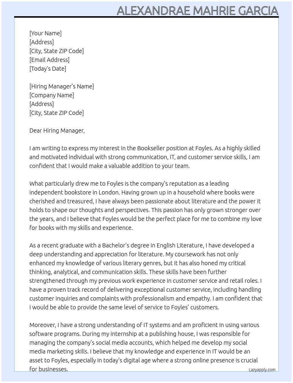 Bookseller At Foyles Cover Letter