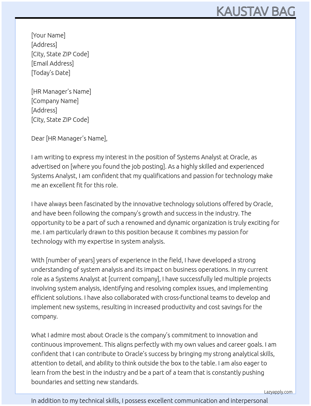 Systems Analyst At Oracle Cover Letter