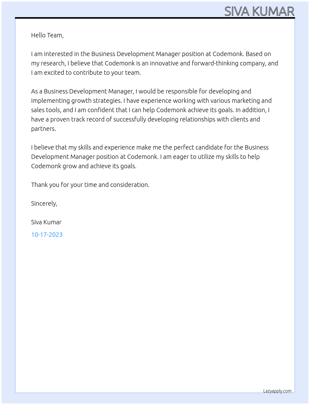 Business Development Manager At Codemonk Cover Letter