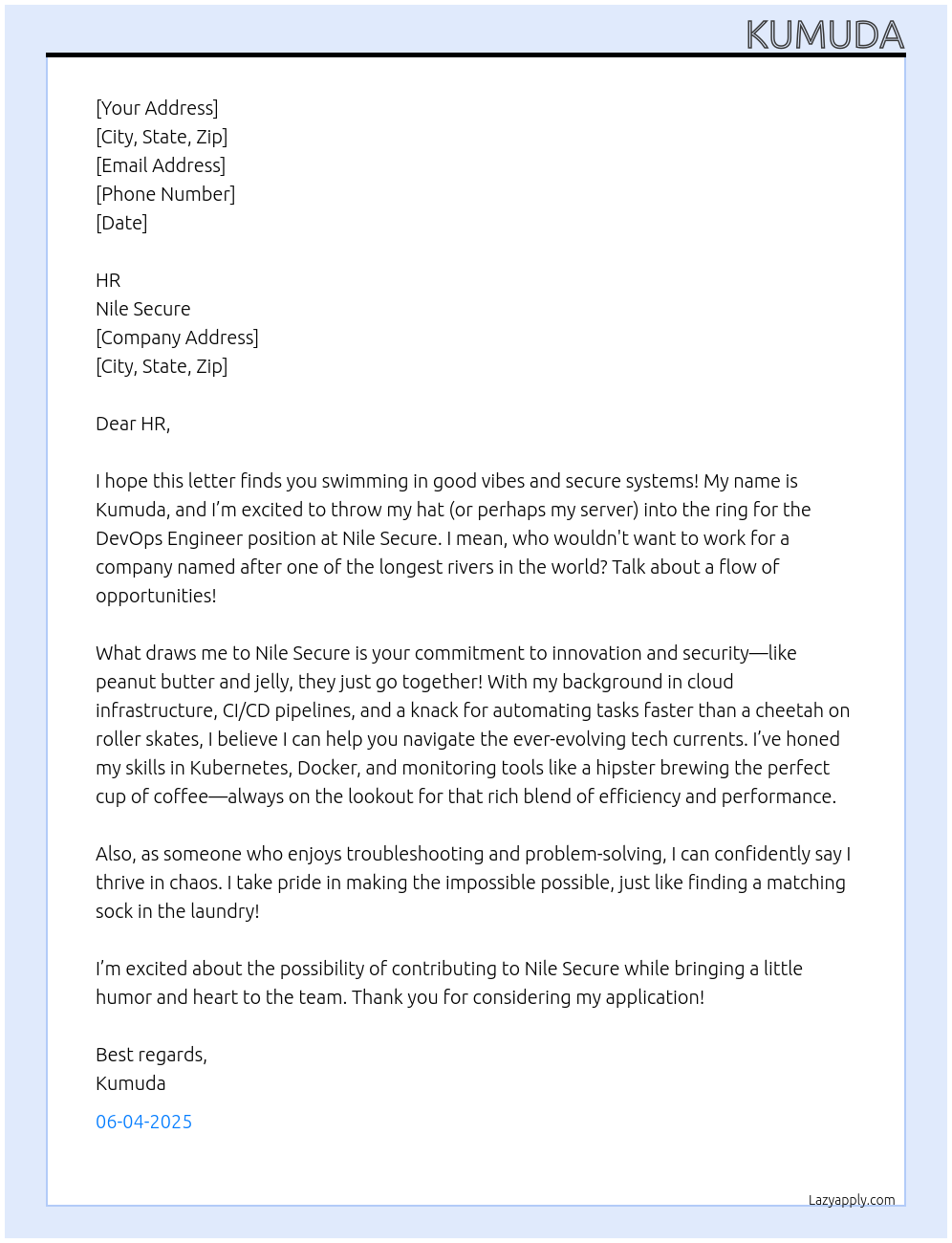 devops engineer At nile scure Cover Letter