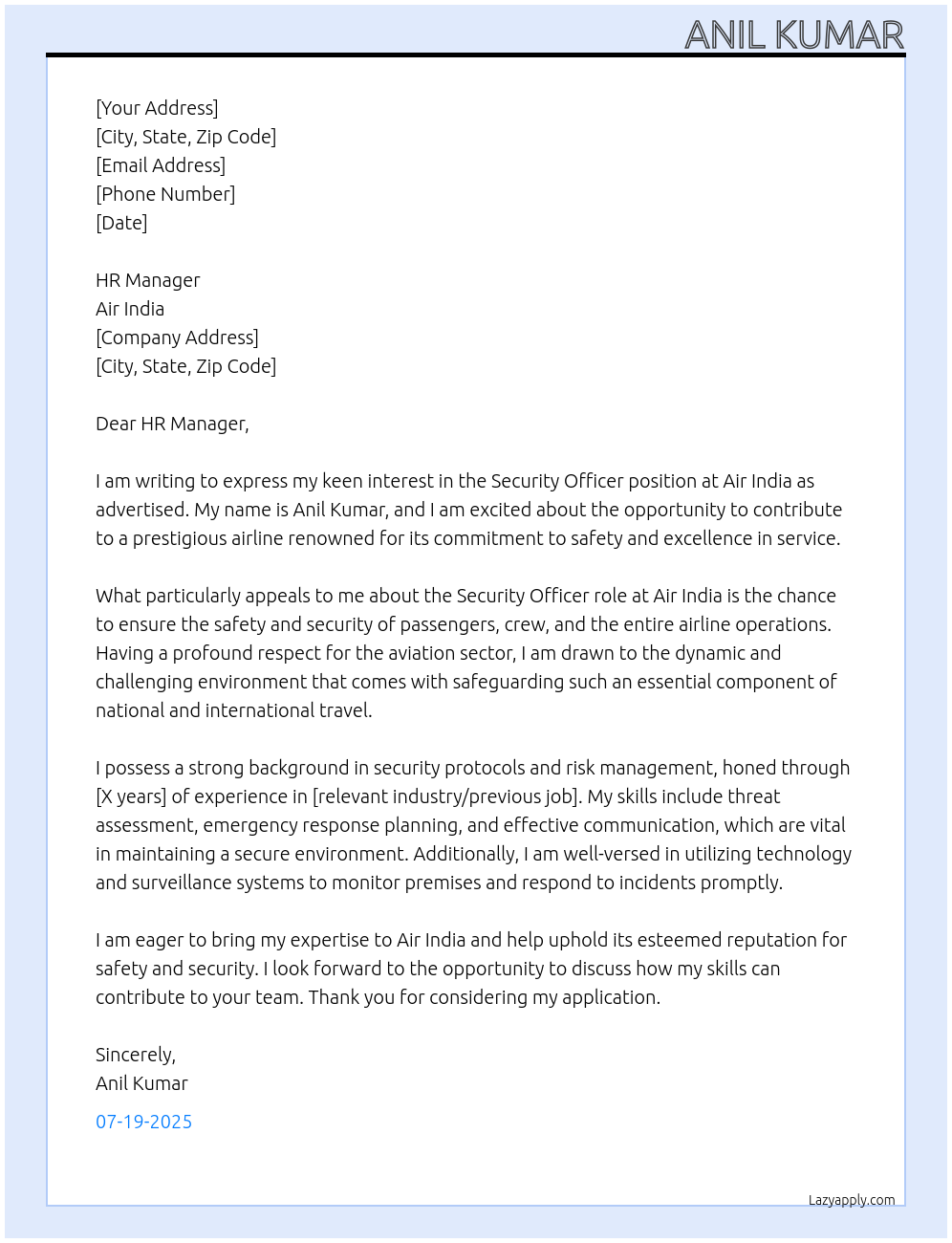 SECURITY OFFICER At AIR INDIA Cover Letter