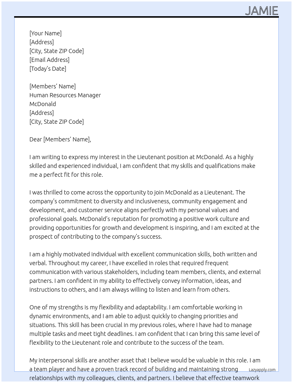 Lieutenant At McDonald Cover Letter