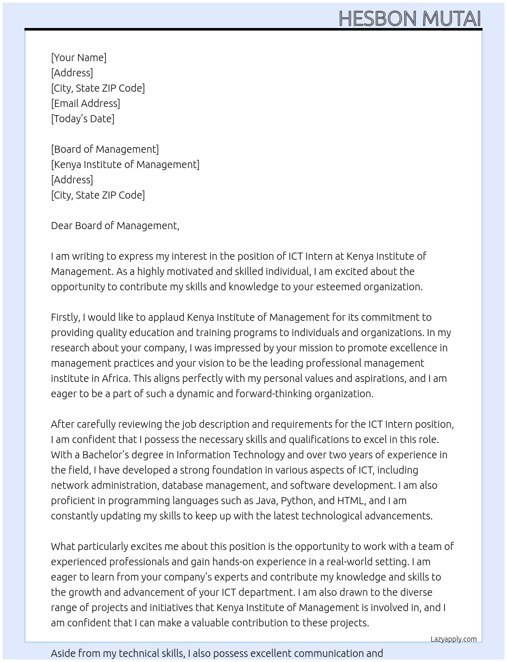 ICT INTERN At KENYA INSTITUTE OF MANAGEMENT Cover Letter