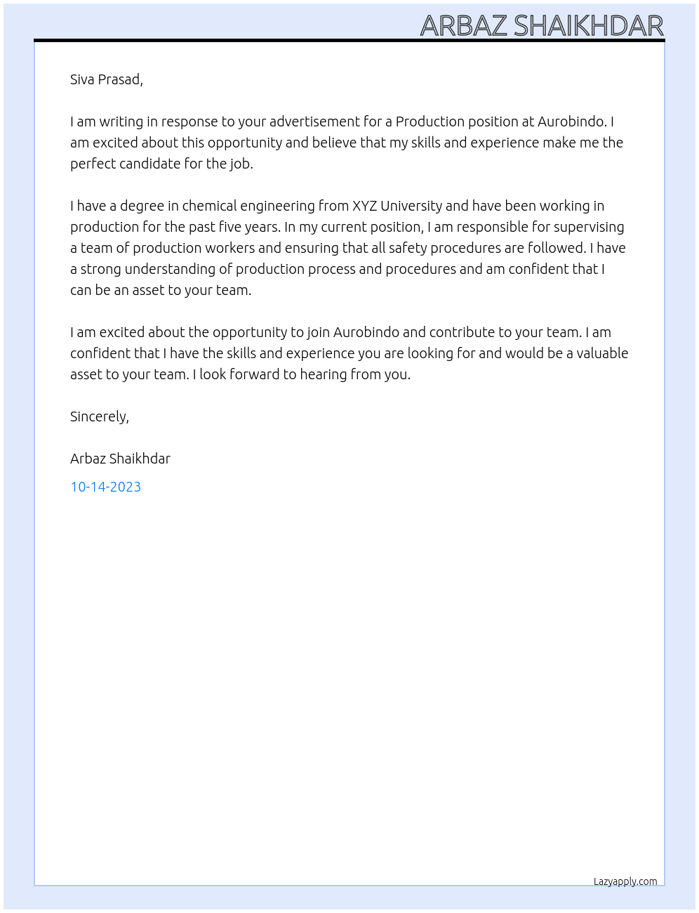 Production  At Aurobindo  Cover Letter