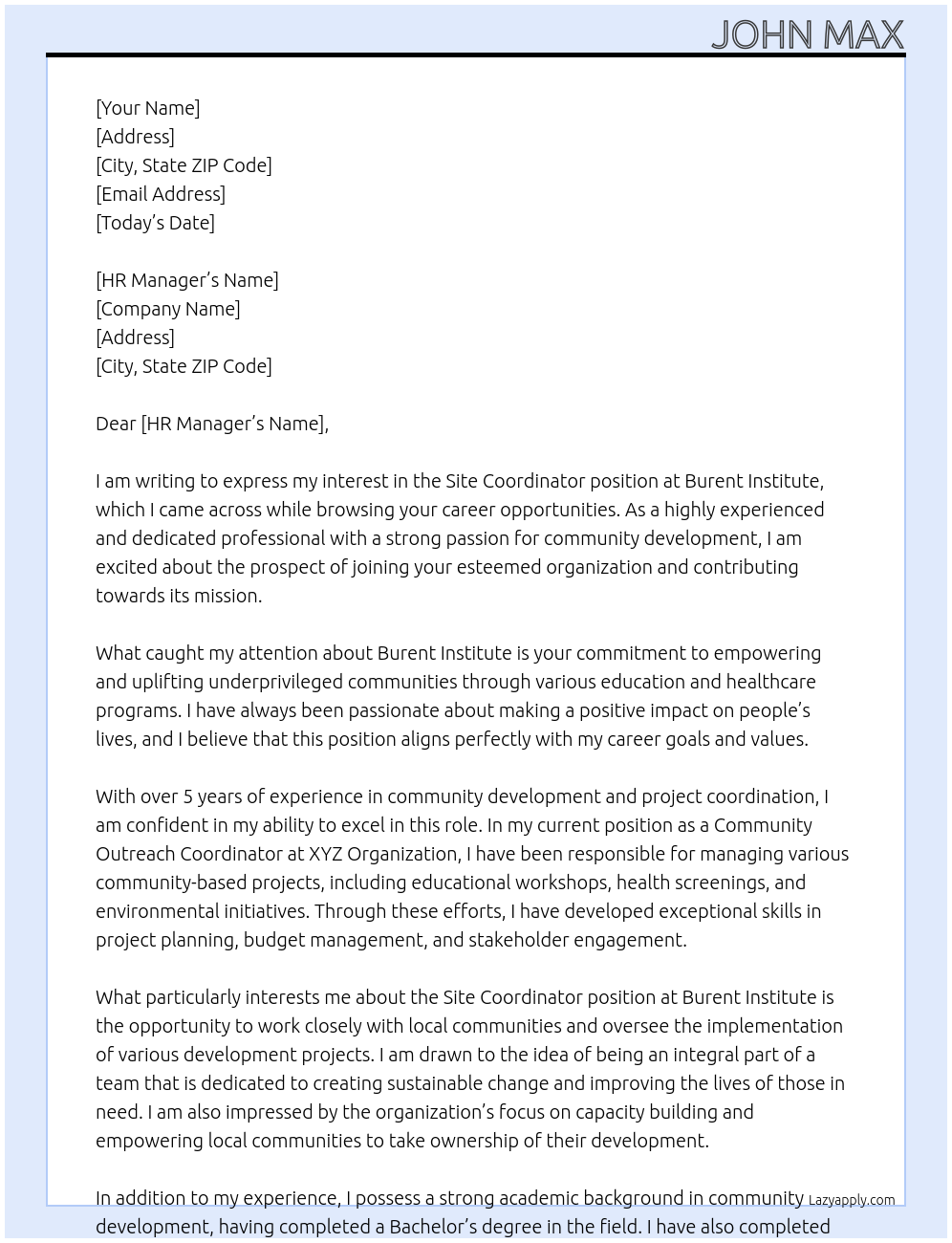 Site Coordinator At Burent Institute Cover Letter