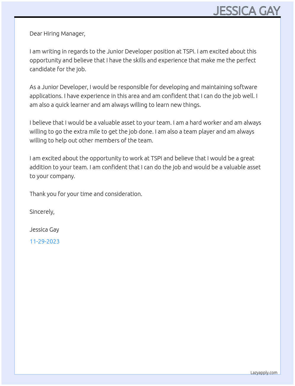 Junior Developer At TSPi Cover Letter
