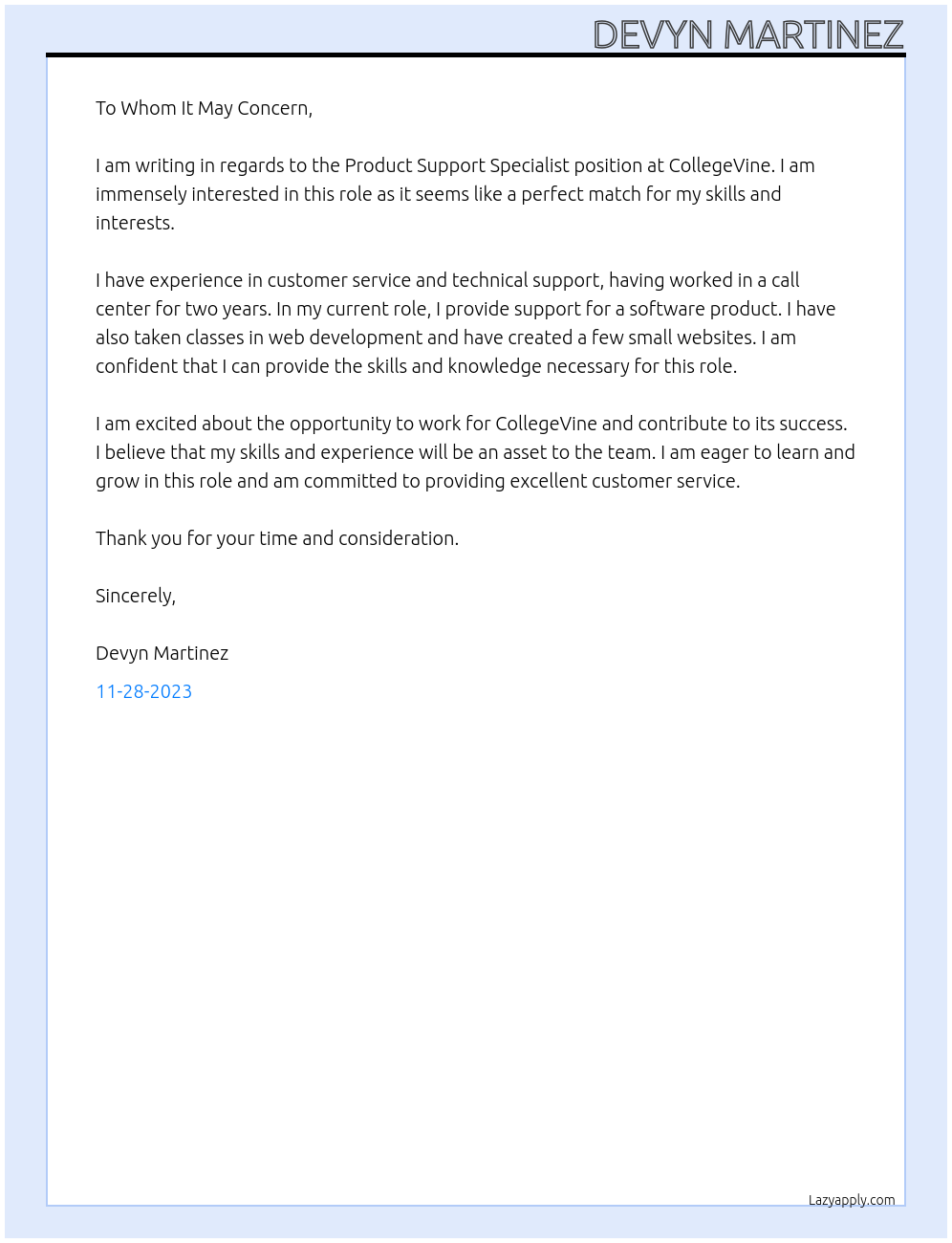 Product Support Specialist At CollegeVine Cover Letter
